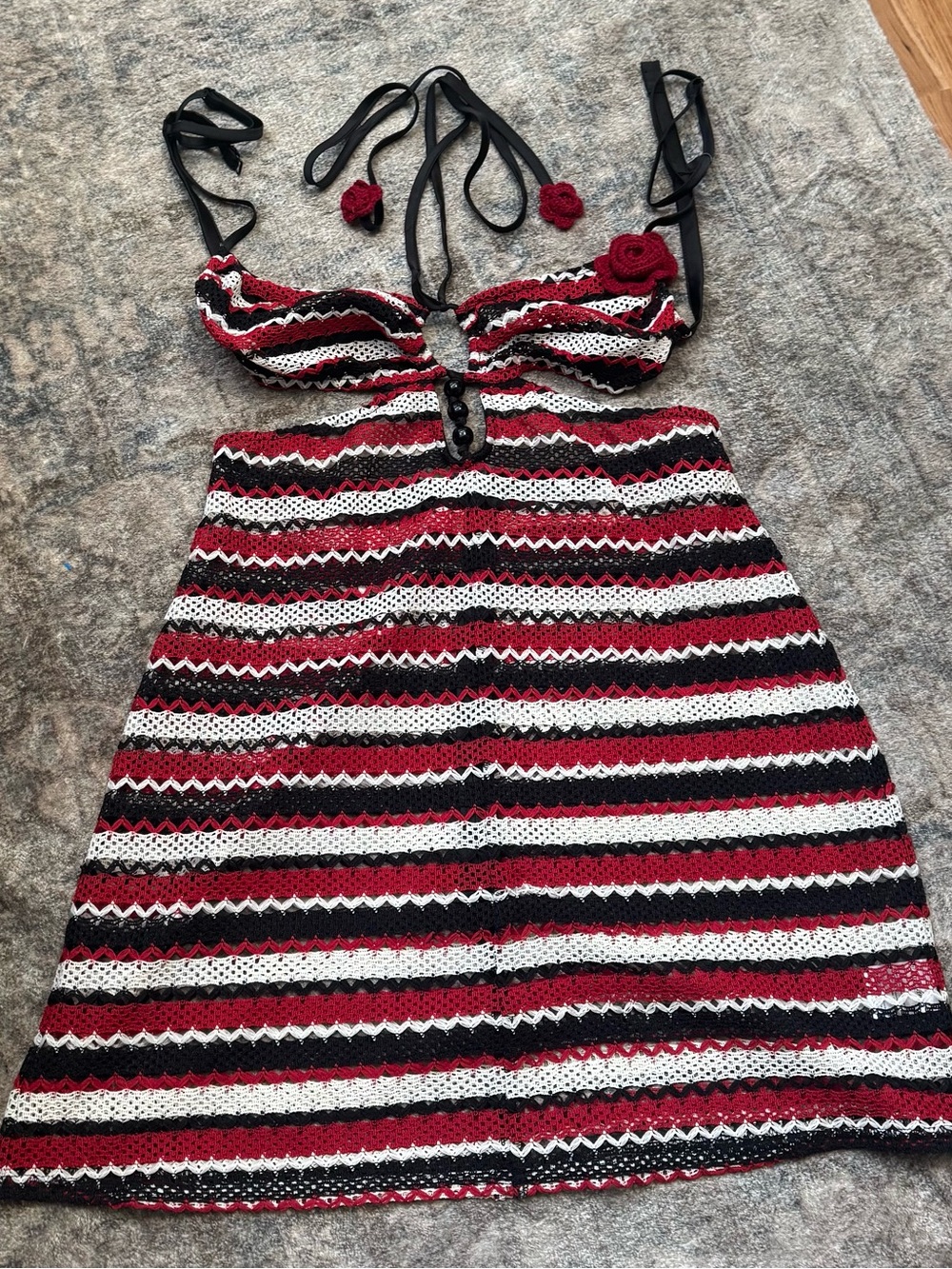 For Love & Lemons Red, Black & White Crochet Halter Mini Dress